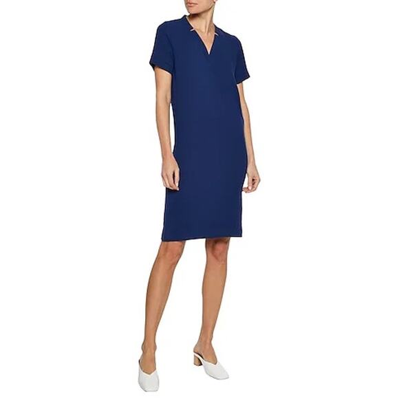 Iris & Ink Navy Blue Short Sleeve V-Neck Shift Dress Work Office Size 12 - Picture 1 of 13